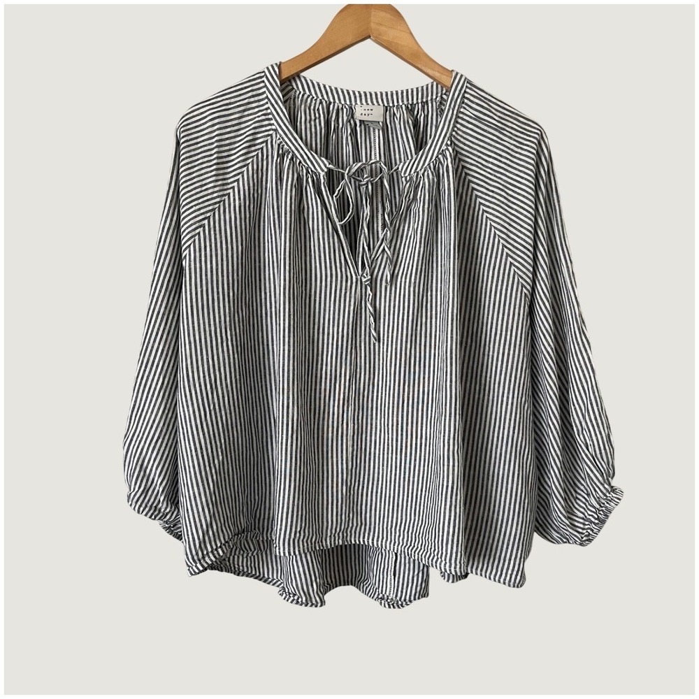 A New Day Striped Linen Blend Tie Neck Blouse Top Coastal Neutral Womens Large